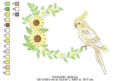 Cockatiel embroidery design - Baby Bird with sunflowers machine embroidery pattern - Cockateel Nymphicus hollandicus - Instant digital download pes jef dst - Marcia Embroidery