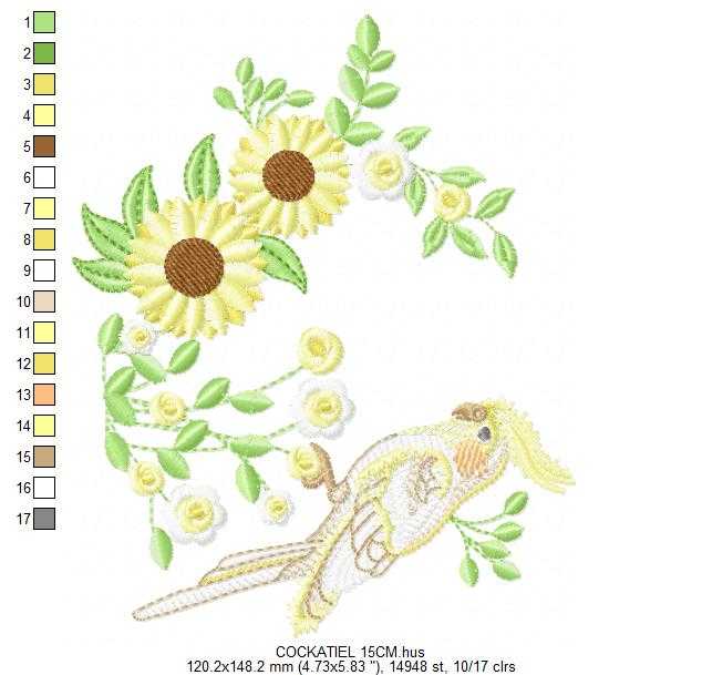 Cockatiel embroidery design - Baby Bird with sunflowers machine embroidery pattern - Cockateel Nymphicus hollandicus - Instant digital download pes jef dst - Marcia Embroidery