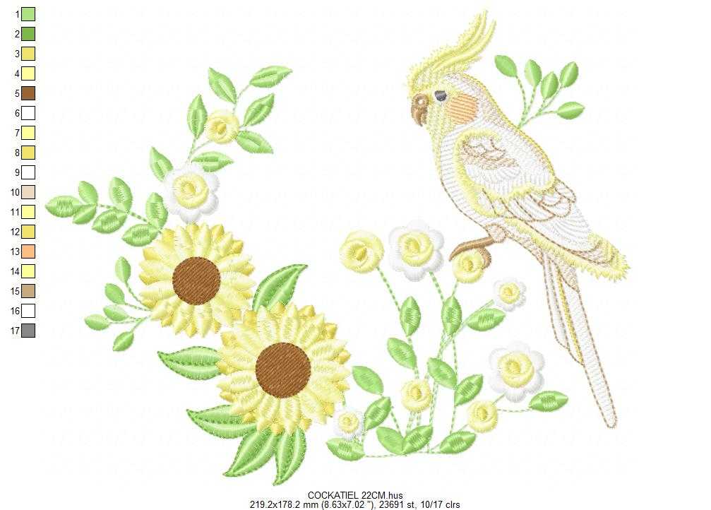 Cockatiel embroidery design - Baby Bird with sunflowers machine embroidery pattern - Cockateel Nymphicus hollandicus - Instant digital download pes jef dst - Marcia Embroidery