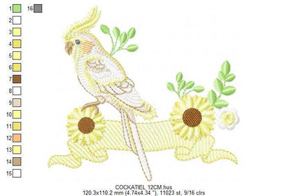 Cockatiel embroidery design - Baby Bird with sunflowers machine embroidery pattern - Cockateel Nymphicus hollandicus - Instant digital download pes jef dst - Marcia Embroidery