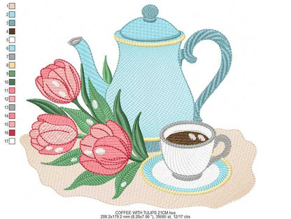 Coffee Cup with flower embroidery design - Floral Kitchen Towel motiv machine embroidery pattern - Instant digital download pes dst jef hus - Marcia Embroidery