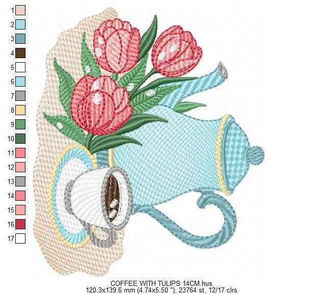 Coffee Cup with flower embroidery design - Floral Kitchen Towel motiv machine embroidery pattern - Instant digital download pes dst jef hus - Marcia Embroidery