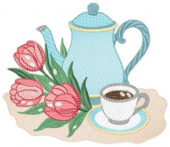 Coffee Cup with flower embroidery design - Floral Kitchen Towel motiv machine embroidery pattern - Instant digital download pes dst jef hus - Marcia Embroidery