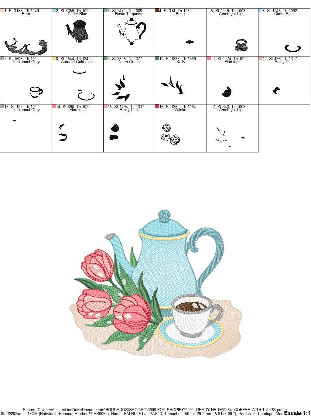 Coffee Cup with flower embroidery design - Floral Kitchen Towel motiv machine embroidery pattern - Instant digital download pes dst jef hus - Marcia Embroidery