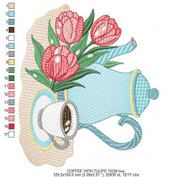 Coffee Cup with flower embroidery design - Floral Kitchen Towel motiv machine embroidery pattern - Instant digital download pes dst jef hus - Marcia Embroidery