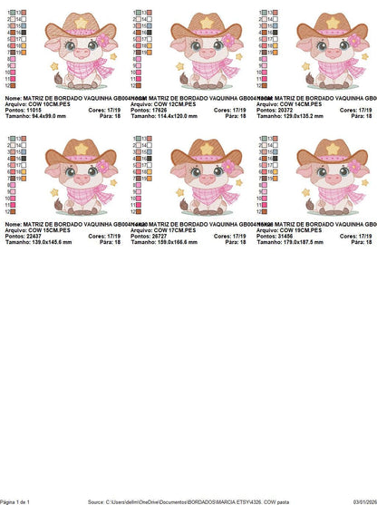 Cow with cowboy hat and flower embroidery design - Baby Girl Farm Animal Ranch machine embroidery pattern - Instant digital download pes jef - Marcia Embroidery
