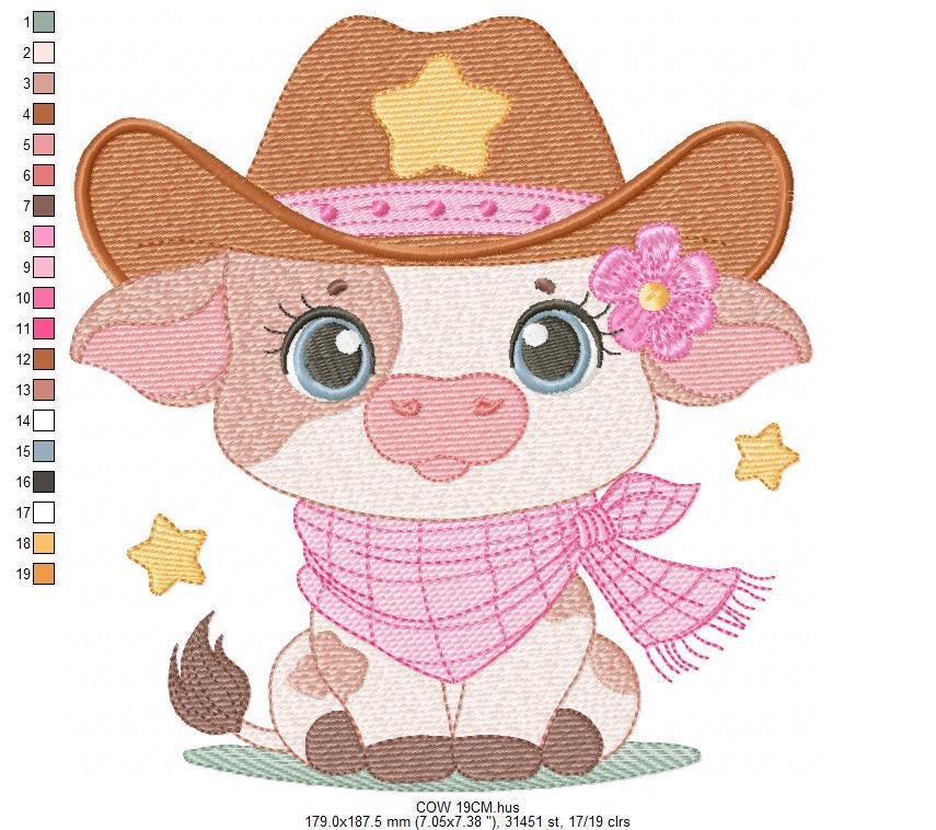 Cow with cowboy hat and flower embroidery design - Baby Girl Farm Animal Ranch machine embroidery pattern - Instant digital download pes jef - Marcia Embroidery