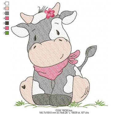 Cow with red bandana and flower embroidery design - Farm Animal Ranch machine embroidery pattern - Kitchen Towel Baby Boy and Girl file - Instant digital download pes jef dst hus vp3 - Marcia Embroidery