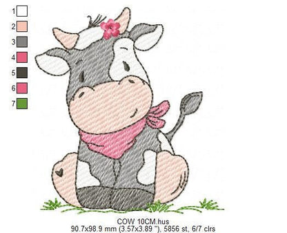 Cow with red bandana and flower embroidery design - Farm Animal Ranch machine embroidery pattern - Kitchen Towel Baby Boy and Girl file - Instant digital download pes jef dst hus vp3 - Marcia Embroidery