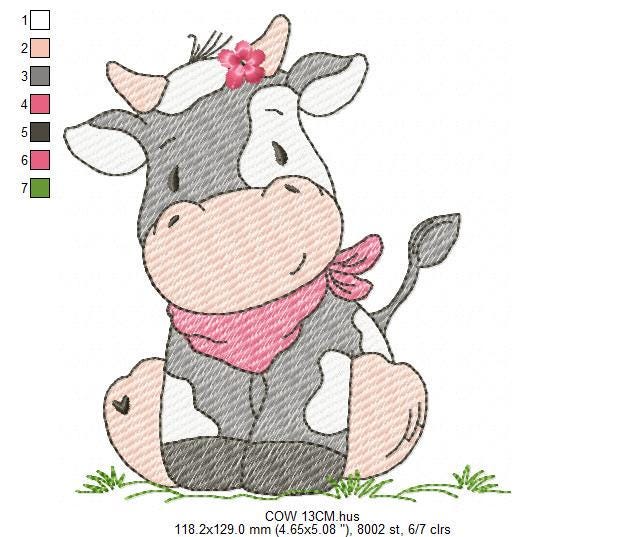 Cow with red bandana and flower embroidery design - Farm Animal Ranch machine embroidery pattern - Kitchen Towel Baby Boy and Girl file - Instant digital download pes jef dst hus vp3 - Marcia Embroidery