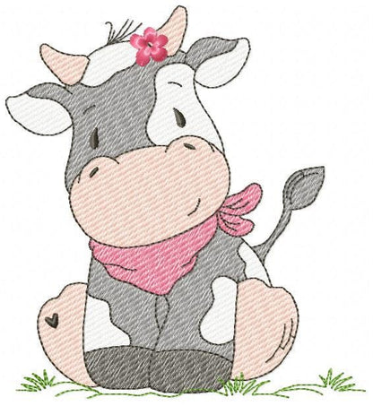 Cow with red bandana and flower embroidery design - Farm Animal Ranch machine embroidery pattern - Kitchen Towel Baby Boy and Girl file - Instant digital download pes jef dst hus vp3 - Marcia Embroidery