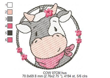 Cow with red bandana and flower frame embroidery design - Farm Animal Ranch machine embroidery pattern - Kitchen Towel Baby Boy and Girl file - Instant digital download pes jef dst hus vp3 - Marcia Embroidery