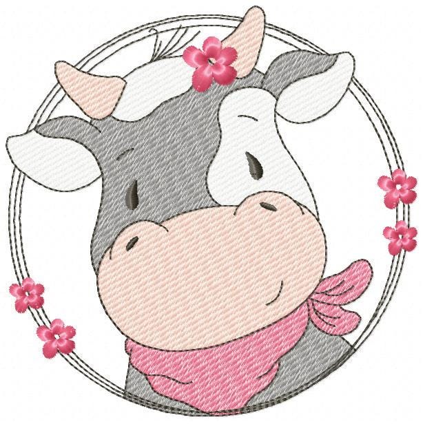 Cow with red bandana and flower frame embroidery design - Farm Animal Ranch machine embroidery pattern - Kitchen Towel Baby Boy and Girl file - Instant digital download pes jef dst hus vp3 - Marcia Embroidery