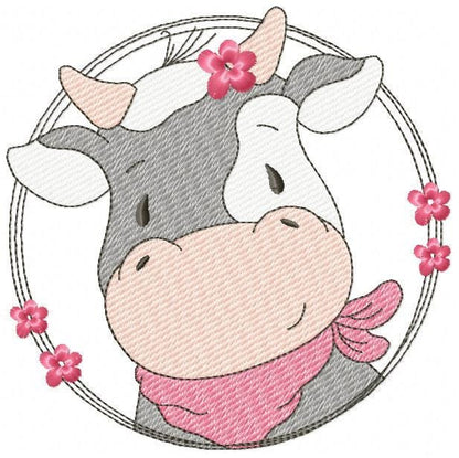 Cow with red bandana and flower frame embroidery design - Farm Animal Ranch machine embroidery pattern - Kitchen Towel Baby Boy and Girl file - Instant digital download pes jef dst hus vp3 - Marcia Embroidery