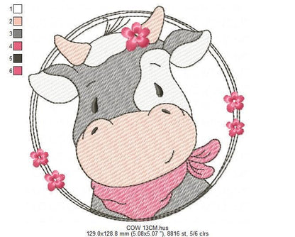Cow with red bandana and flower frame embroidery design - Farm Animal Ranch machine embroidery pattern - Kitchen Towel Baby Boy and Girl file - Instant digital download pes jef dst hus vp3 - Marcia Embroidery
