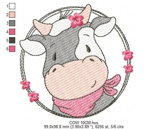 Cow with red bandana and flower frame embroidery design - Farm Animal Ranch machine embroidery pattern - Kitchen Towel Baby Boy and Girl file - Instant digital download pes jef dst hus vp3 - Marcia Embroidery