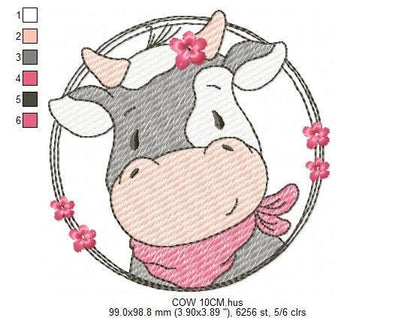 Cow with red bandana and flower frame embroidery design - Farm Animal Ranch machine embroidery pattern - Kitchen Towel Baby Boy and Girl file - Instant digital download pes jef dst hus vp3 - Marcia Embroidery