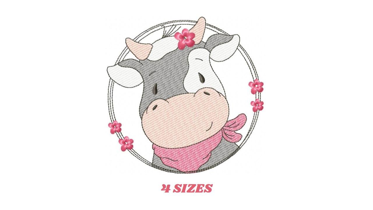 Cow with red bandana and flower frame embroidery design - Farm Animal Ranch machine embroidery pattern - Kitchen Towel Baby Boy and Girl file - Instant digital download pes jef dst hus vp3 - Marcia Embroidery