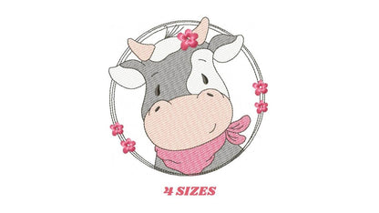 Cow with red bandana and flower frame embroidery design - Farm Animal Ranch machine embroidery pattern - Kitchen Towel Baby Boy and Girl file - Instant digital download pes jef dst hus vp3 - Marcia Embroidery