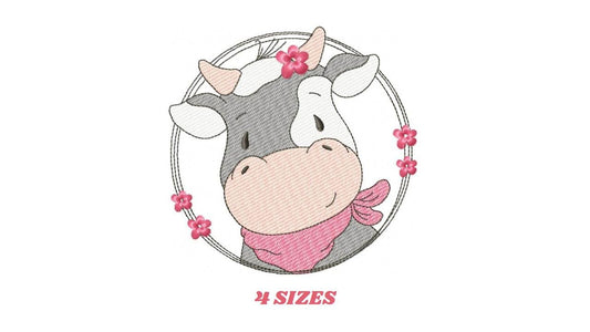 Cow with red bandana and flower frame embroidery design - Farm Animal Ranch machine embroidery pattern - Kitchen Towel Baby Boy and Girl file - Instant digital download pes jef dst hus vp3 - Marcia Embroidery