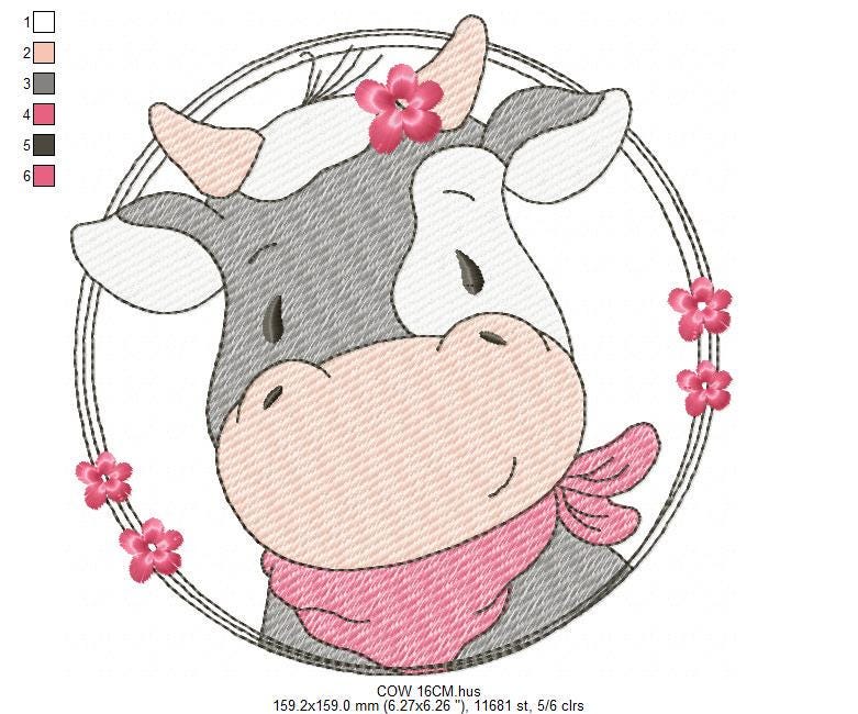 Cow with red bandana and flower frame embroidery design - Farm Animal Ranch machine embroidery pattern - Kitchen Towel Baby Boy and Girl file - Instant digital download pes jef dst hus vp3 - Marcia Embroidery