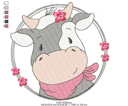 Cow with red bandana and flower frame embroidery design - Farm Animal Ranch machine embroidery pattern - Kitchen Towel Baby Boy and Girl file - Instant digital download pes jef dst hus vp3 - Marcia Embroidery