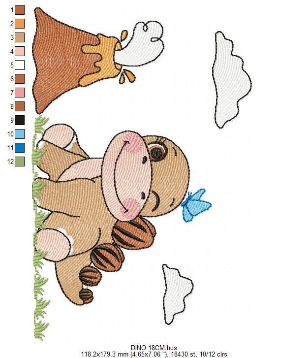 Dinosaur embroidery designs - Baby Boy Dino machine embroidery pattern - Brontosaurus with volcano - Instant digital download pes jef dst - Marcia Embroidery