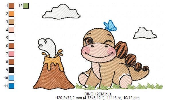 Dinosaur embroidery designs - Baby Boy Dino machine embroidery pattern - Brontosaurus with volcano - Instant digital download pes jef dst - Marcia Embroidery