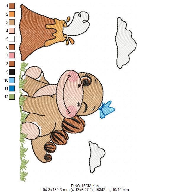 Dinosaur embroidery designs - Baby Boy Dino machine embroidery pattern - Brontosaurus with volcano - Instant digital download pes jef dst - Marcia Embroidery