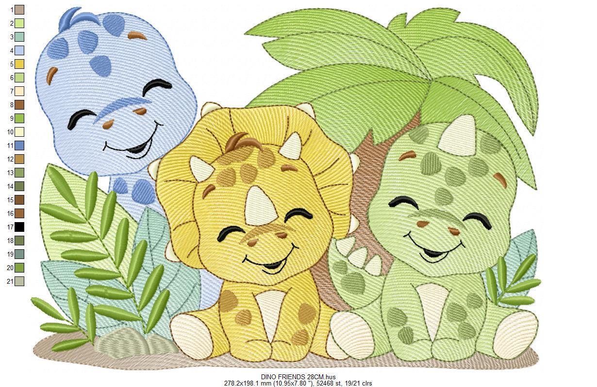 Dinosaur embroidery designs - Dino Friends with trees machine embroidery pattern - Baby boy file Brontosaurus - instant digital download pes - Marcia Embroidery