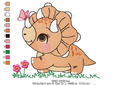 Dinosaur embroidery designs - Dino with butterfly machine embroidery pattern - Baby Boy Triceratops file - Instant download pes jef dst vp3 - Marcia Embroidery