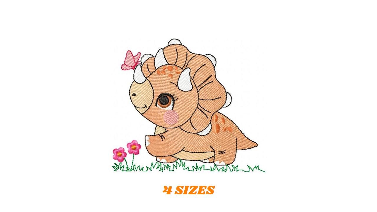 Dinosaur embroidery designs - Dino with butterfly machine embroidery pattern - Baby Boy Triceratops file - Instant download pes jef dst vp3 - Marcia Embroidery