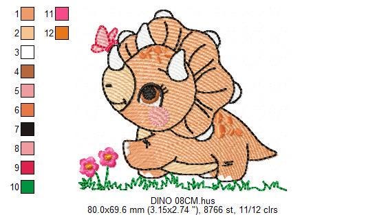 Dinosaur embroidery designs - Dino with butterfly machine embroidery pattern - Baby Boy Triceratops file - Instant download pes jef dst vp3 - Marcia Embroidery