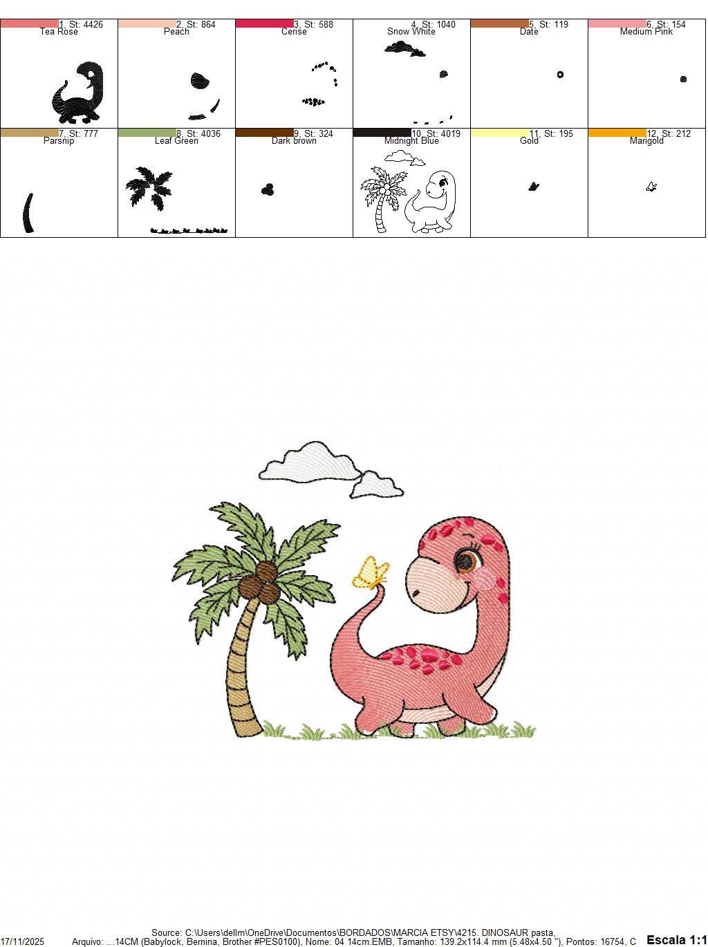 Dinosaur embroidery designs - Dino with coconut tree machine embroidery pattern - Baby boy and girl Brontosaurus - instant digital download - Marcia Embroidery