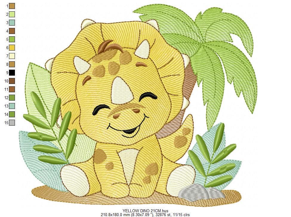 Dinosaur embroidery designs - Dino with tropical plants and trees machine embroidery pattern - Baby Boy Triceratops file - Instant download pes jef - Marcia Embroidery