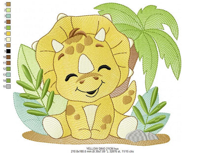 Dinosaur embroidery designs - Dino with tropical plants and trees machine embroidery pattern - Baby Boy Triceratops file - Instant download pes jef - Marcia Embroidery