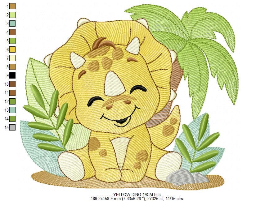 Dinosaur embroidery designs - Dino with tropical plants and trees machine embroidery pattern - Baby Boy Triceratops file - Instant download pes jef - Marcia Embroidery