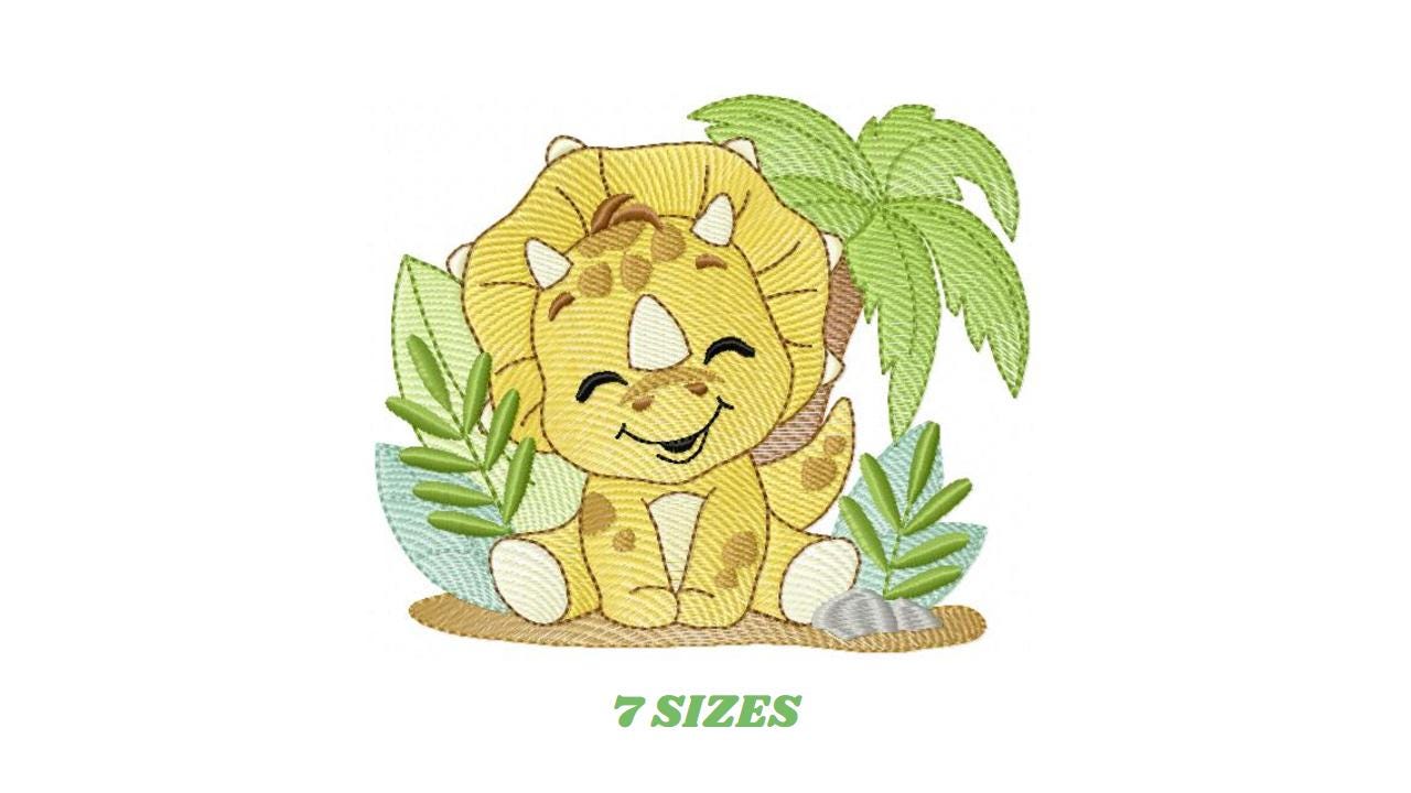 Dinosaur embroidery designs - Dino with tropical plants and trees machine embroidery pattern - Baby Boy Triceratops file - Instant download pes jef - Marcia Embroidery
