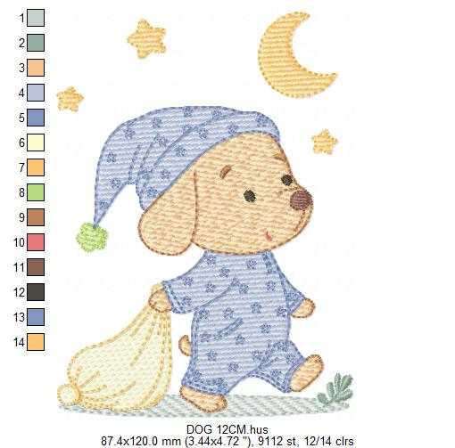 Dog with pajamas embroidery designs - Dog with moon and stars machine embroidery pattern - Baby Boy Puppy file - Instant download - Marcia Embroidery