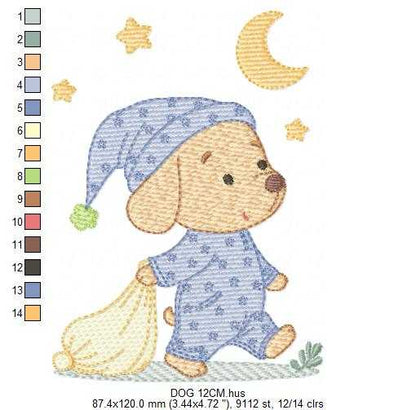 Dog with pajamas embroidery designs - Dog with moon and stars machine embroidery pattern - Baby Boy Puppy file - Instant download - Marcia Embroidery