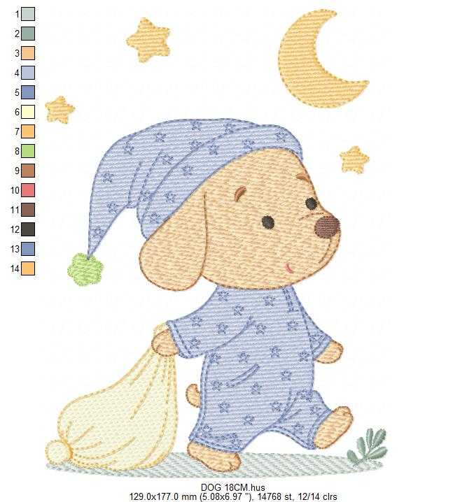 Dog with pajamas embroidery designs - Dog with moon and stars machine embroidery pattern - Baby Boy Puppy file - Instant download - Marcia Embroidery