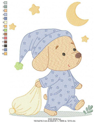 Dog with pajamas embroidery designs - Dog with moon and stars machine embroidery pattern - Baby Boy Puppy file - Instant download - Marcia Embroidery