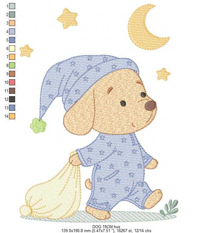 Dog with pajamas embroidery designs - Dog with moon and stars machine embroidery pattern - Baby Boy Puppy file - Instant download - Marcia Embroidery