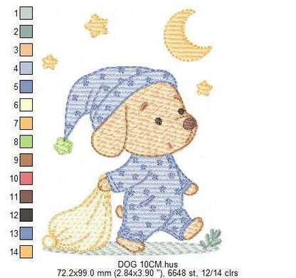Dog with pajamas embroidery designs - Dog with moon and stars machine embroidery pattern - Baby Boy Puppy file - Instant download - Marcia Embroidery