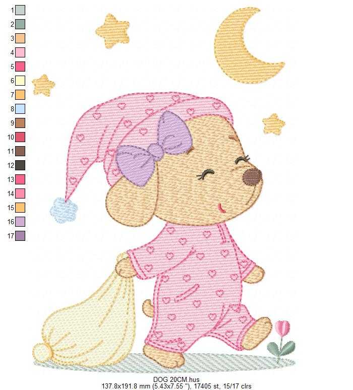Dog with pajamas embroidery designs - Dog with moon and stars machine embroidery pattern - Baby Girl Puppy file - Instant download - Marcia Embroidery