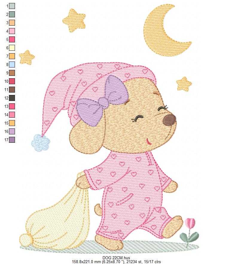 Dog with pajamas embroidery designs - Dog with moon and stars machine embroidery pattern - Baby Girl Puppy file - Instant download - Marcia Embroidery