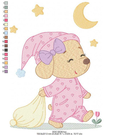 Dog with pajamas embroidery designs - Dog with moon and stars machine embroidery pattern - Baby Girl Puppy file - Instant download - Marcia Embroidery