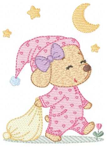 Dog with pajamas embroidery designs - Dog with moon and stars machine embroidery pattern - Baby Girl Puppy file - Instant download - Marcia Embroidery