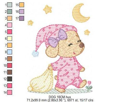 Dog with pajamas embroidery designs - Dog with moon and stars machine embroidery pattern - Baby Girl Puppy file - Instant download - Marcia Embroidery