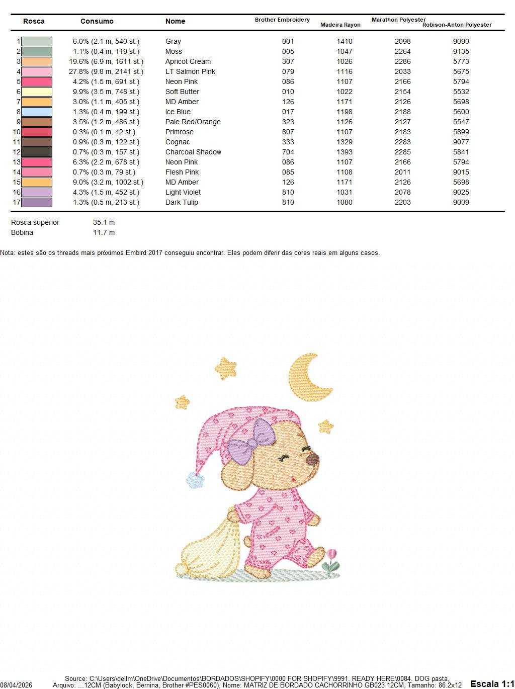 Dog with pajamas embroidery designs - Dog with moon and stars machine embroidery pattern - Baby Girl Puppy file - Instant download - Marcia Embroidery